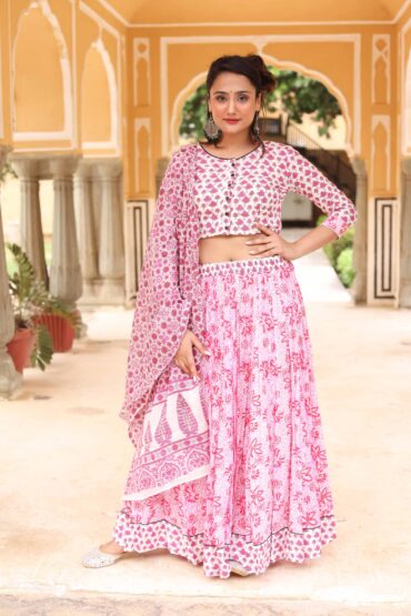 Floral Printed Cotton Pink Chaniya Choli