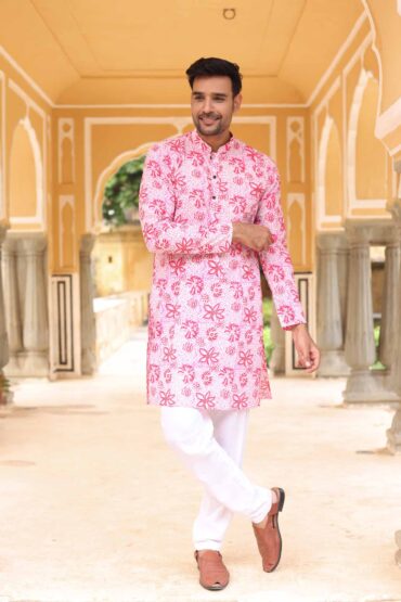 Floral Printed Cotton Pink Kurta For Men
