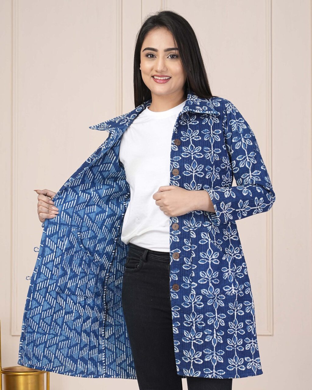 Indigo Cotton Quilted Jacket For Women