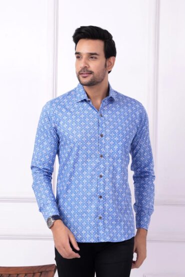 Sky Blue Printed Cotton Shirt For Men