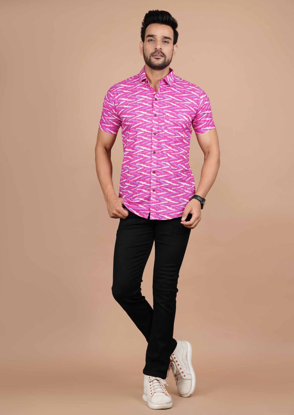 Pink Zig-Zag Printed Cotton Shirt