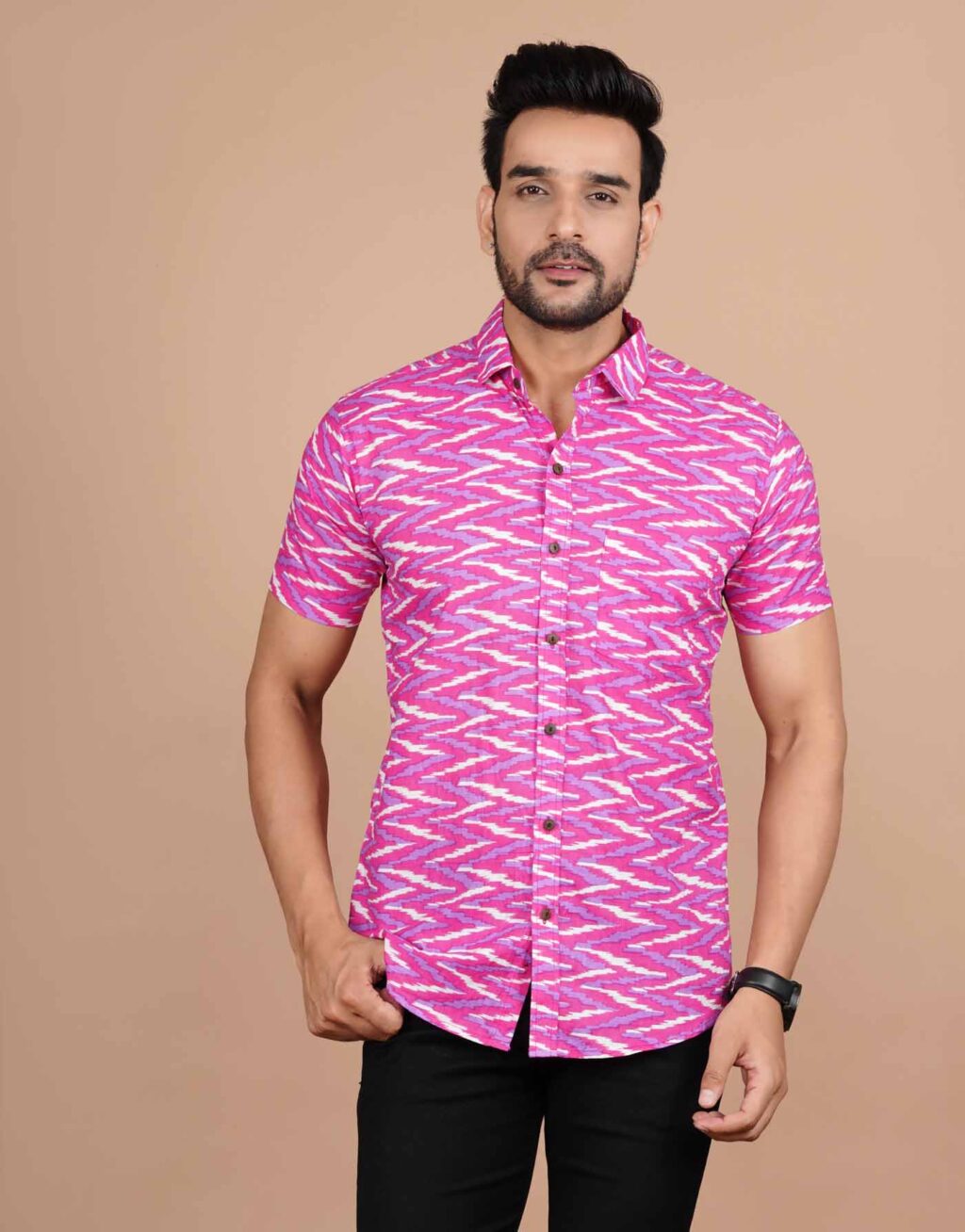 Pink Zig-Zag Printed Cotton Shirt