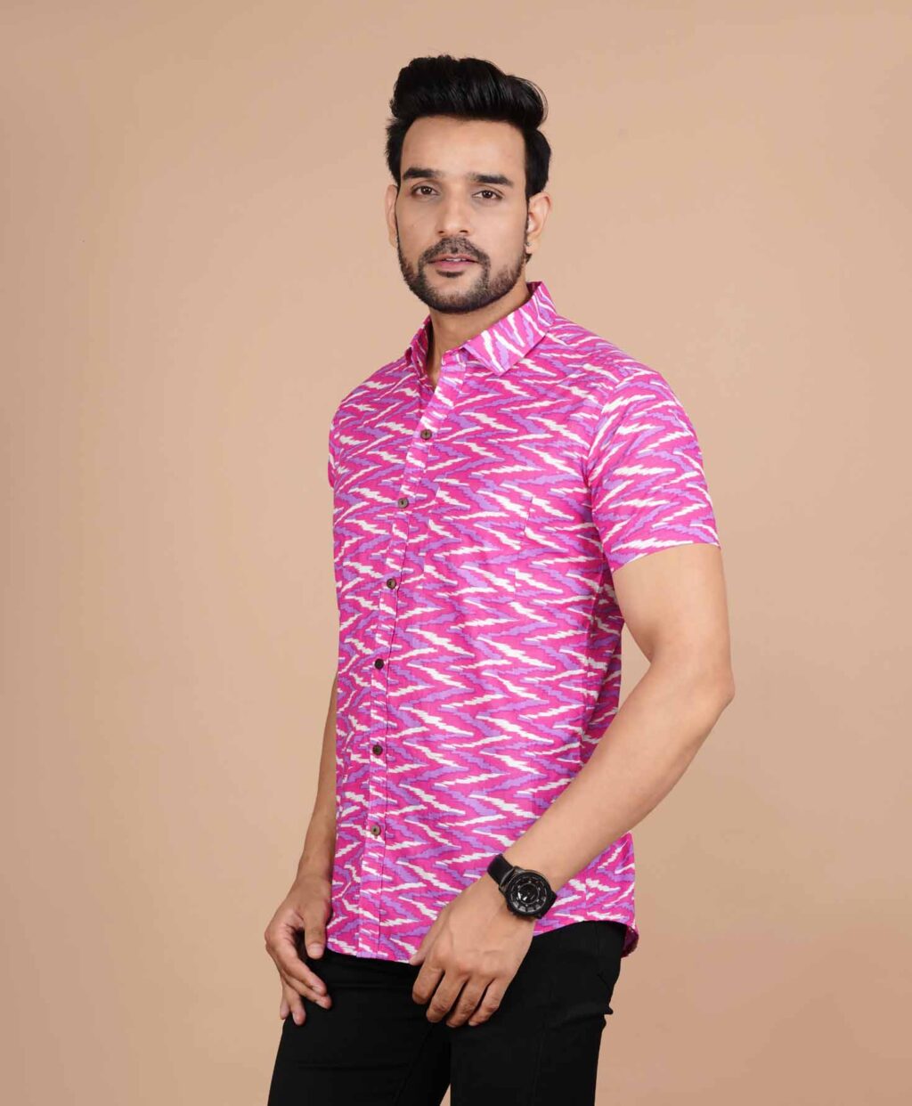 Pink Zig-Zag Printed Cotton Shirt