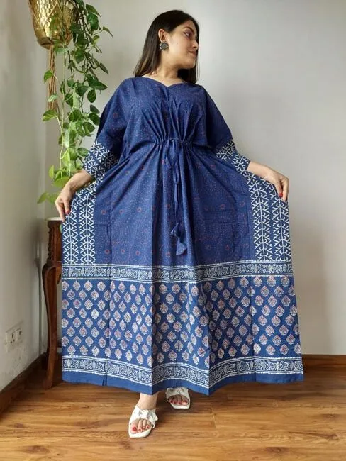 Cotton Blue Kaftan Dress Full View