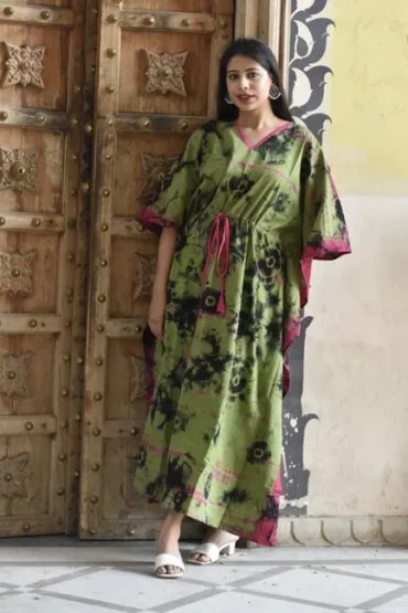 Cotton Green Kaftan Dress Product Image With Front Pose