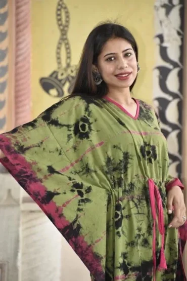 Cotton Green Kaftan Dress Product Image with Side Pose