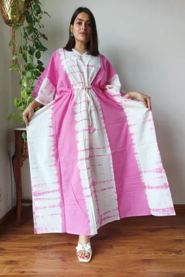 cotton white & pink kaftan dress Front Pose