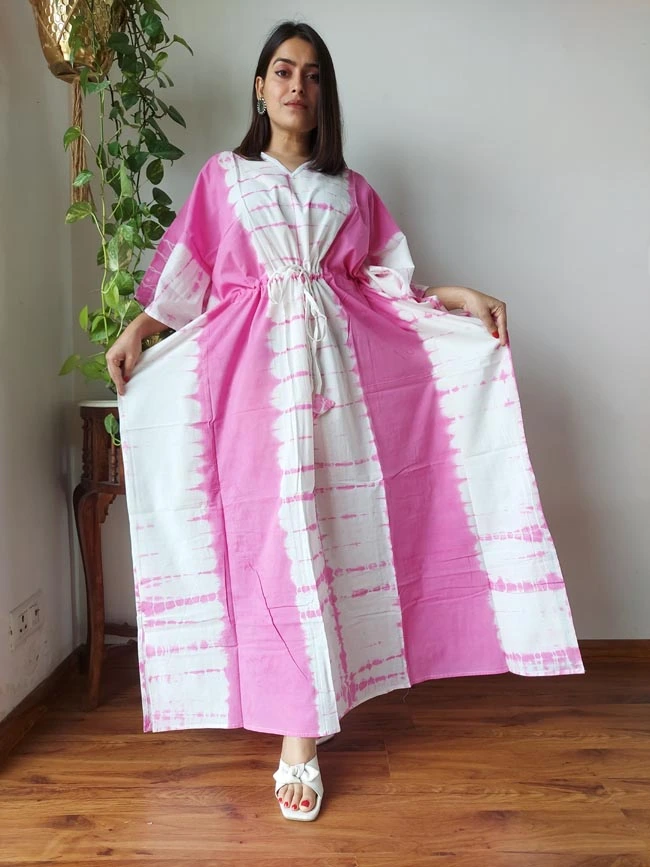 cotton white & pink kaftan dress Front Pose