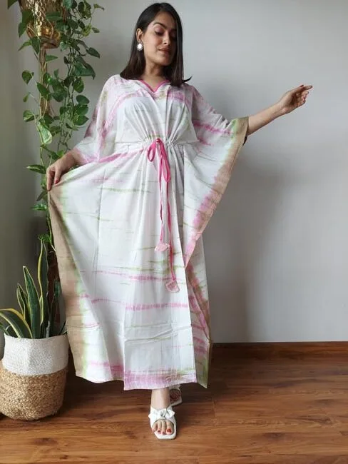white kaftan dress with pink tie and dye print front pose