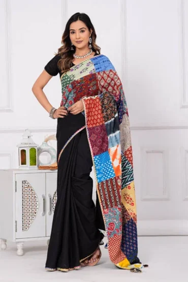 Black Patch Work sarees front view