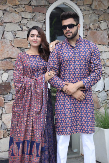 Blue-Pink Couple Matching Kurta With Lehenga Choli style