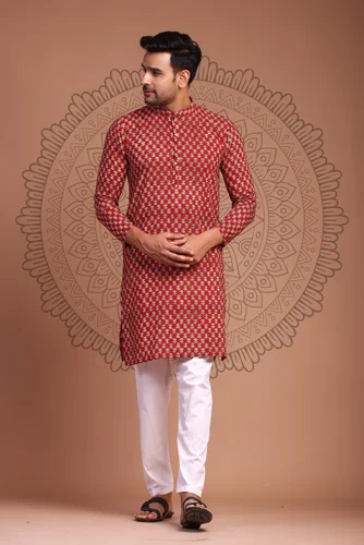 Brownish Red Floral Kurta for Men style