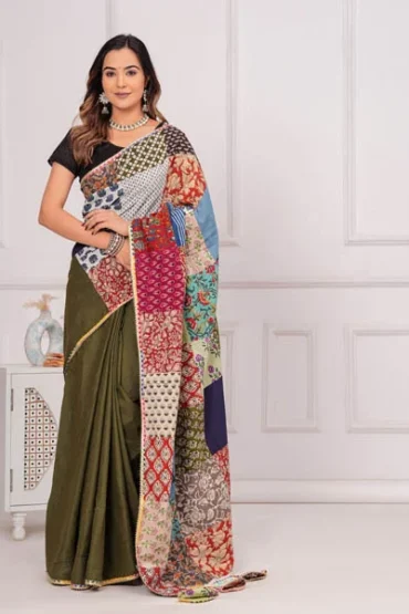 Army Green Patch Work Cotton Saree