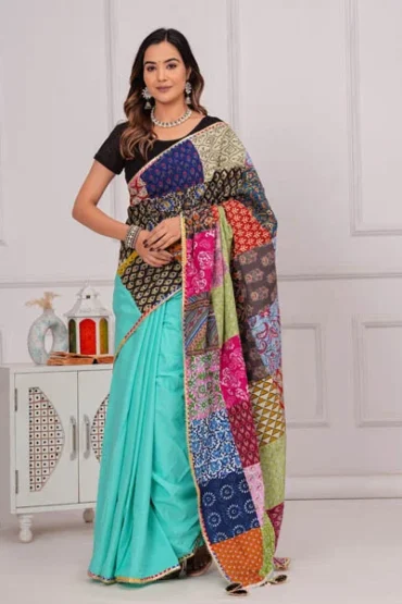 Turquoise Blue Patch work sarees catalog