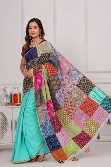 Turquoise Blue Patch work sarees catalog
