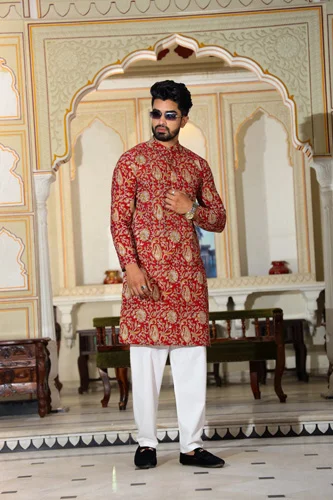 Dull Red Trending Kurtas for Mens front view