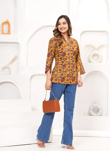 Indian Yellow Floral Print Tops