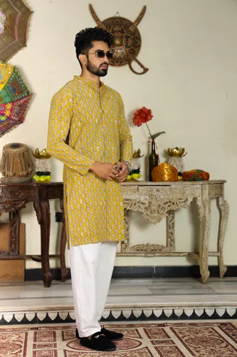 Indian Yellow Long Cotton Kurta for Men side view