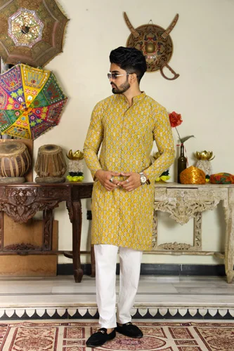 Indian Yellow Long Cotton Kurta for Men