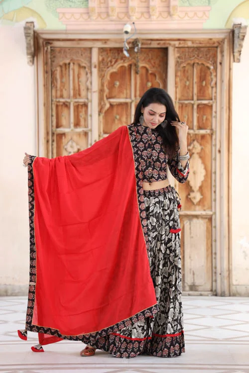 Black Printed Cotton Lehenga Choli with Red Dupatta