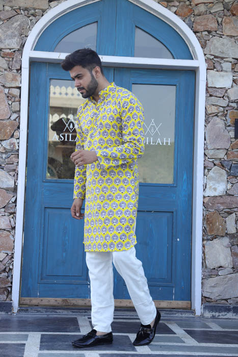 Straw Yellow Long Kurta for Men side view