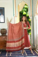 cognac red anarkali suit neck design