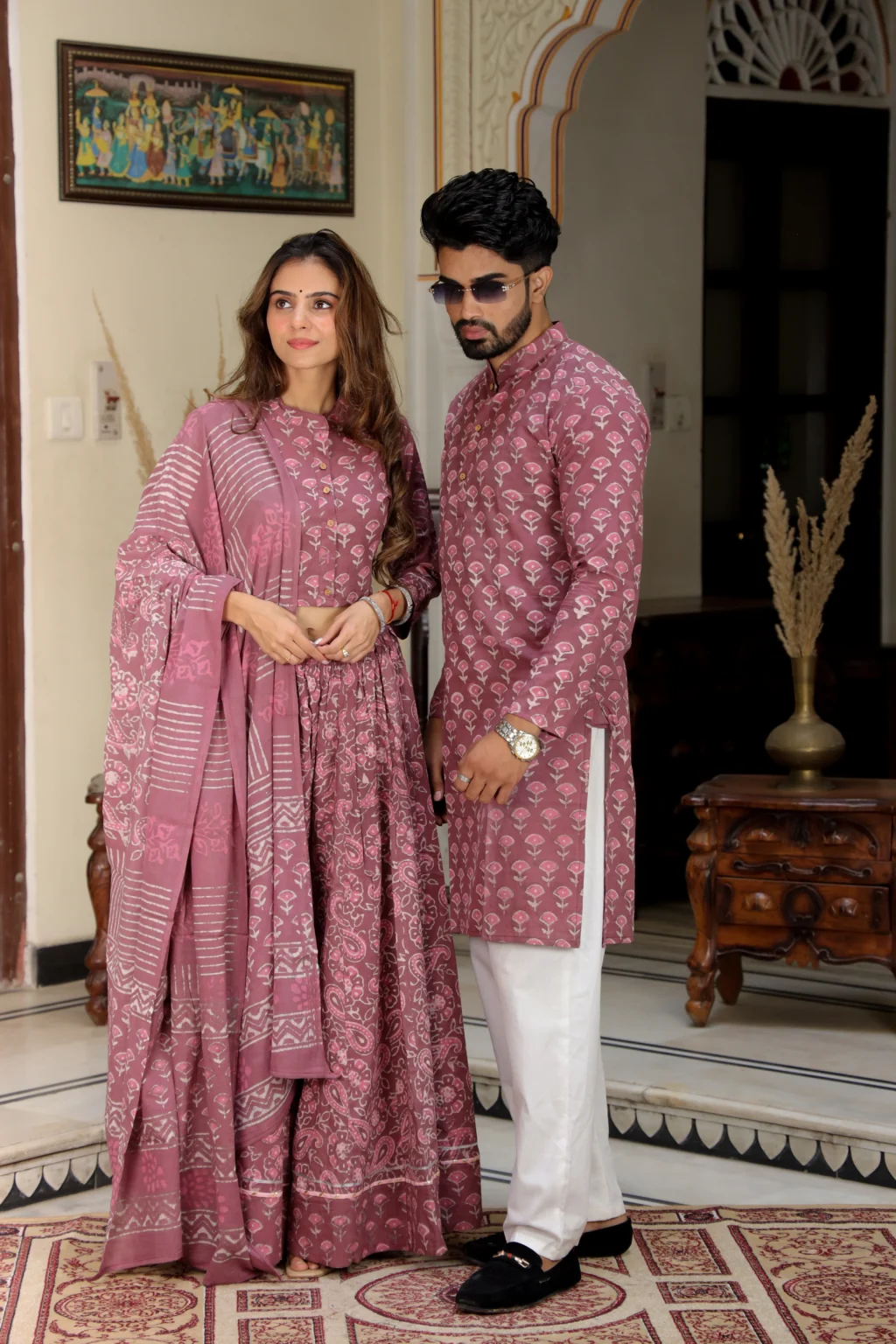 coral pink chaniya choli lehenga side view