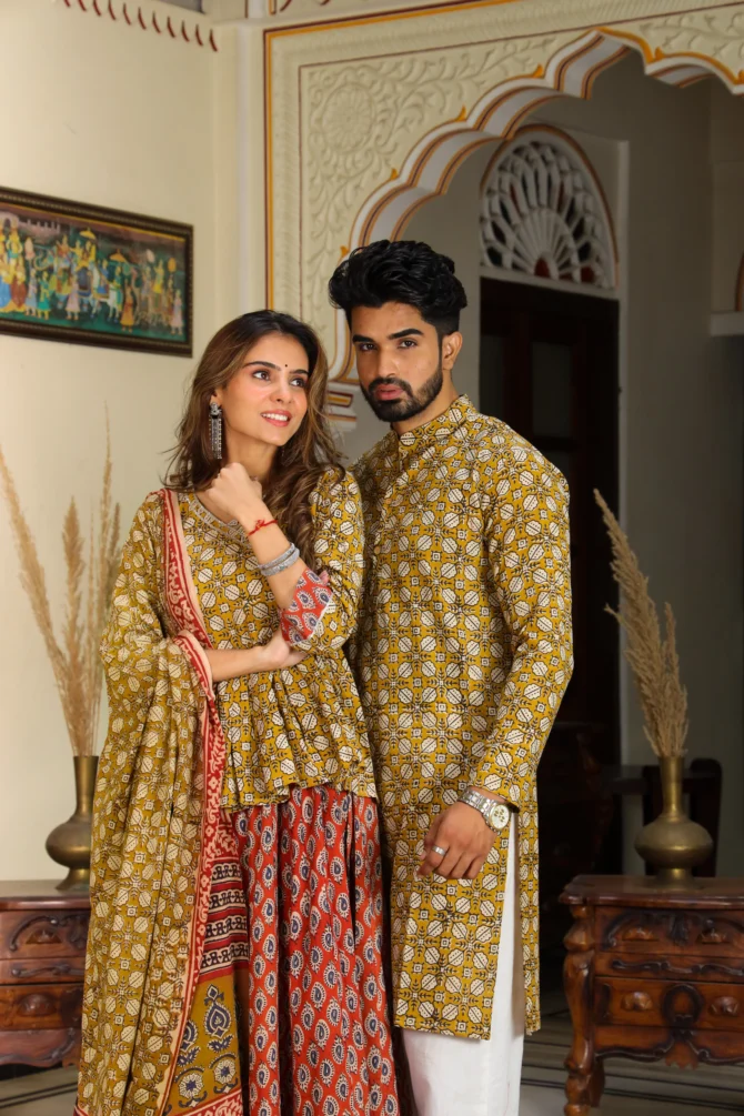 hazel couple matching kurta with lehenga choli front view