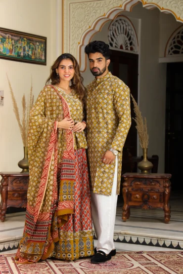 hazel couple matching kurta with lehenga choli side view