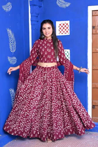 berry pink floral print ghagra choli front view