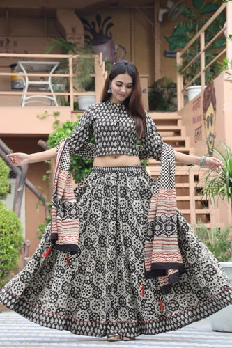 birch black floral lehenga with crop top front view