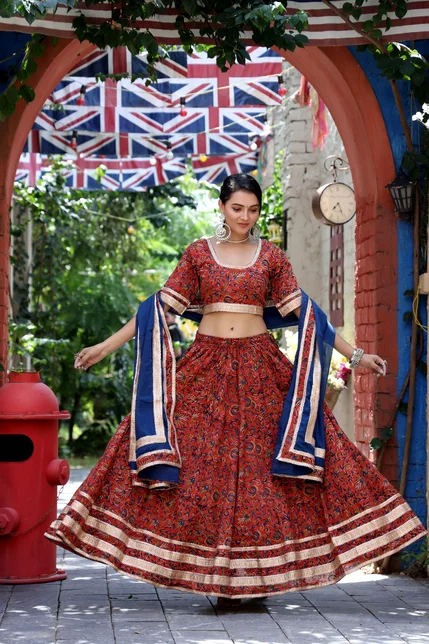 blossom red choli design for floral lehenga front view