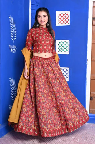 brick red floral print choli front view