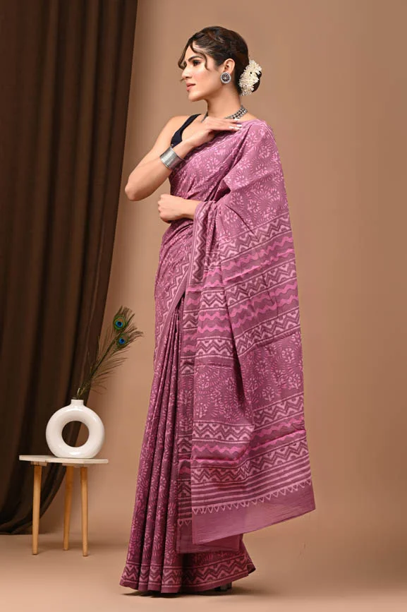 brownish purple traditional mulmul cotton saree side view
