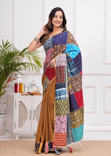 clay brown patch work saree side view