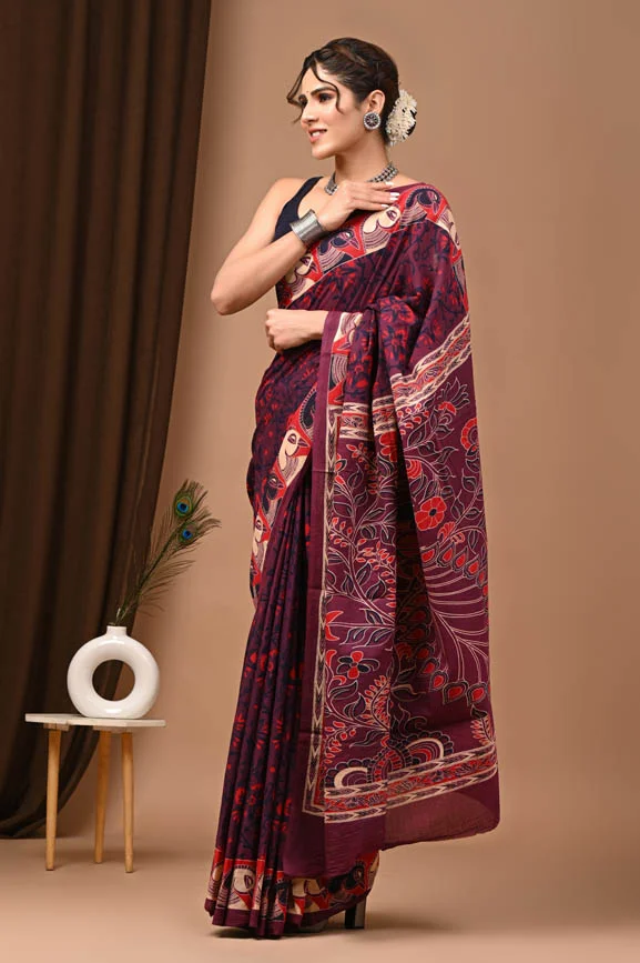 cork brown bagru print cotton saree for women side view