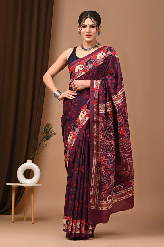 cork brown bagru print cotton saree for women