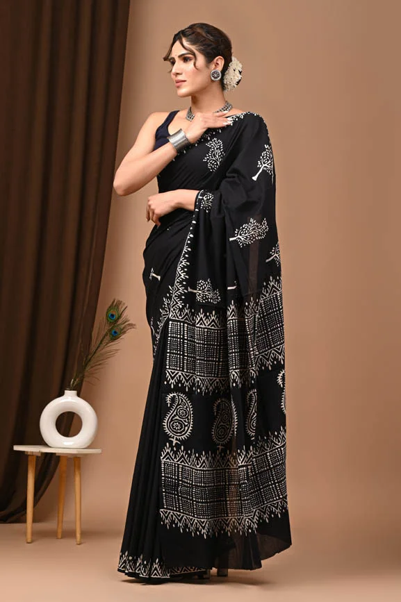 dark black buy cotton mulmul sarees online side view