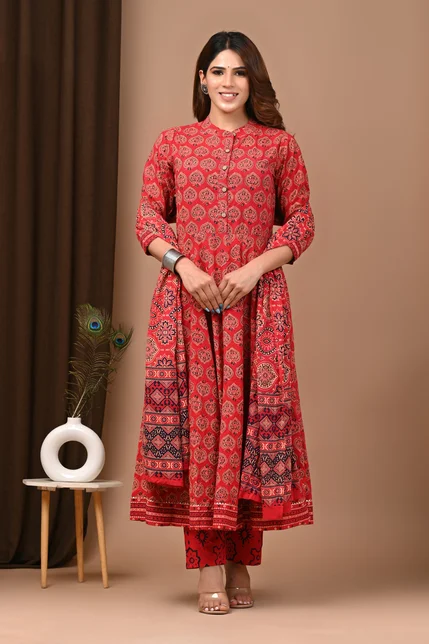 faded red cotton anarkali suits look