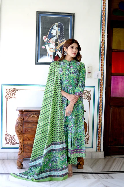 frog green floral anarkali suit front view