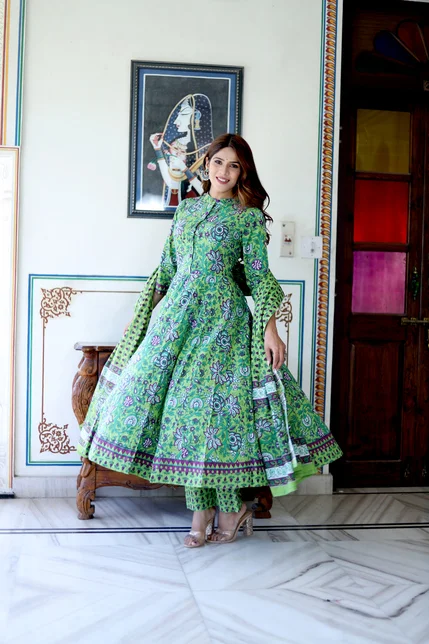 frog green floral anarkali suit style