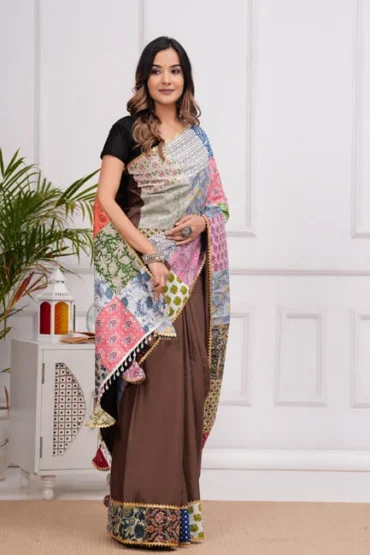 judge grey patch work cotton sarees side view