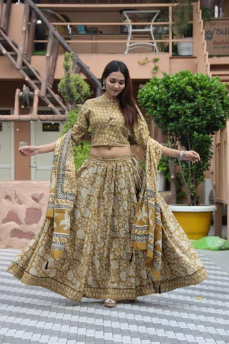 moccasin yellow floral lehenga choli front view