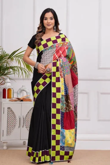 onyx black patch work sarees online shopping