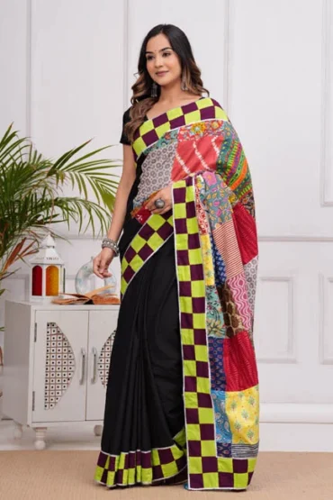 onyx black patch work sarees online shopping side view