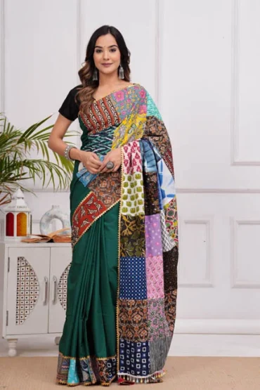 phthalo green patch work blouse designs for cotton sarees