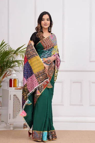 phthalo green patch work blouse designs for cotton sarees front view