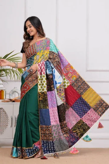 phthalo green patch work blouse designs for cotton sarees side view