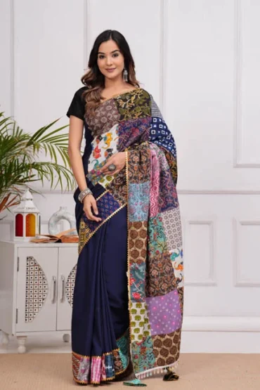 purply blue flowers patch work on saree look