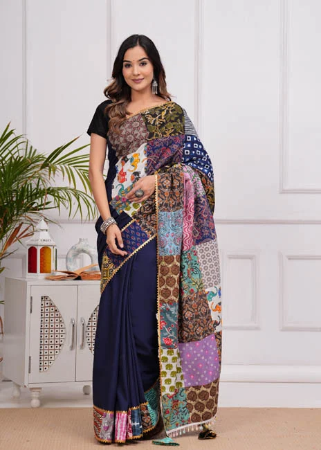 purply blue flowers patch work on saree look